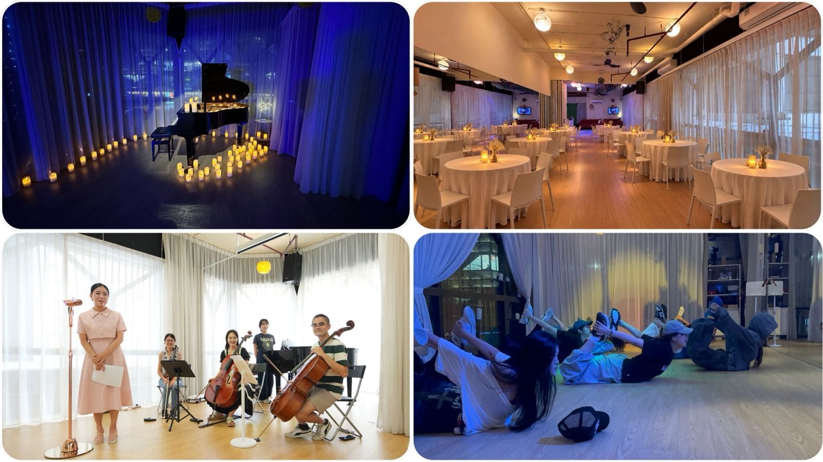 Four nights at the studio — a candlelit grand piano, the venue set for dinner, a string ensemble mid-recital, and a dance session